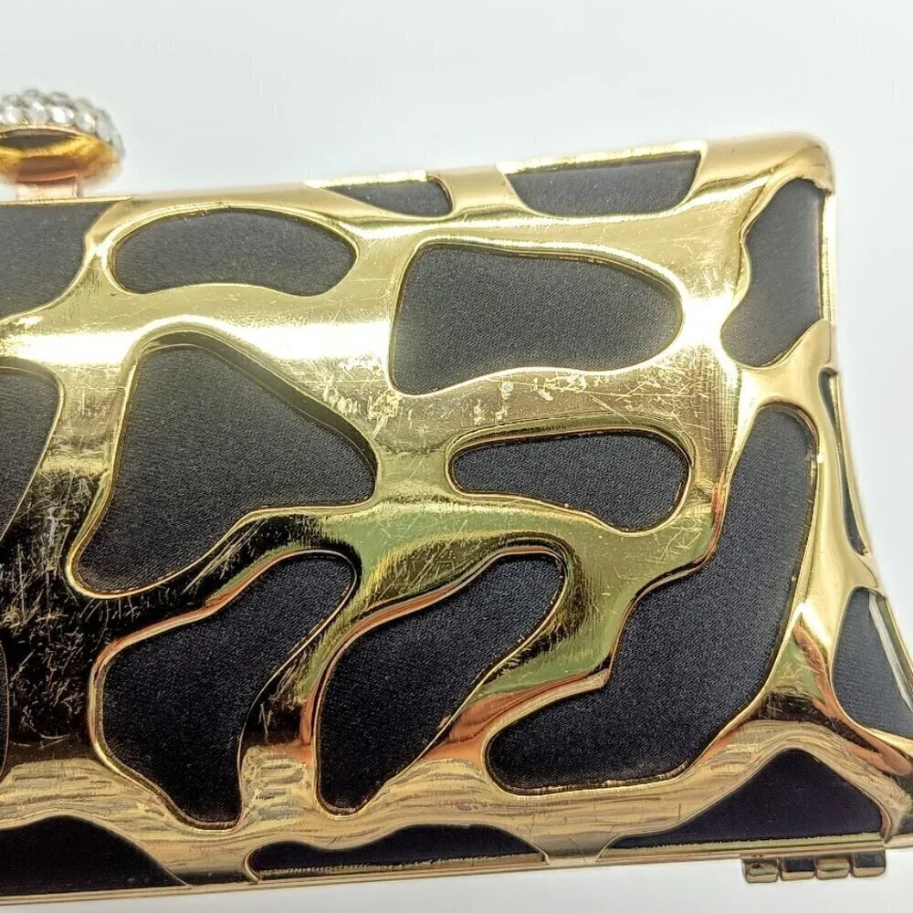 Lulu Townsend Gold Black Rhinestone Clasp Clutch Bag